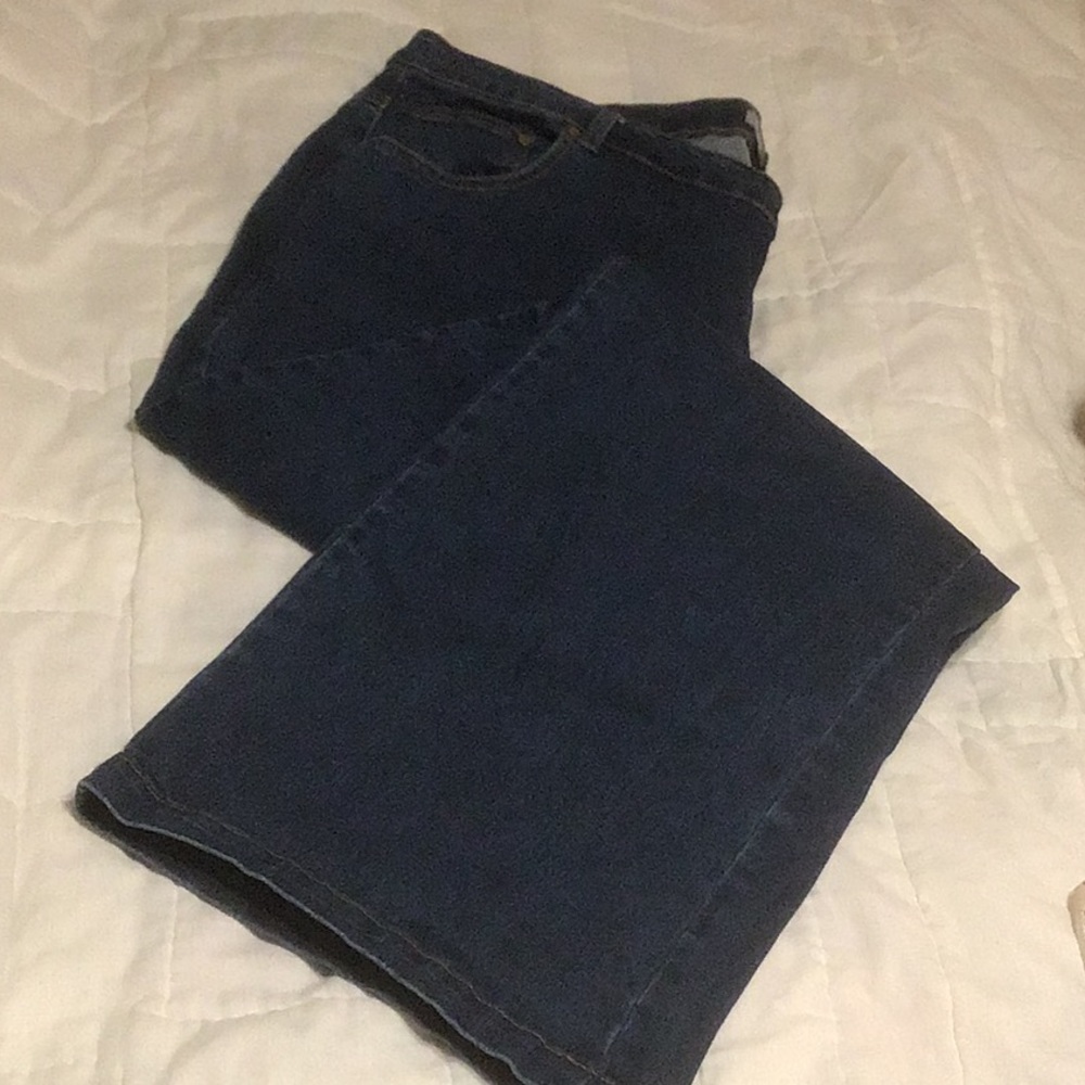 Woman within medium denim color jeans 24W tall.